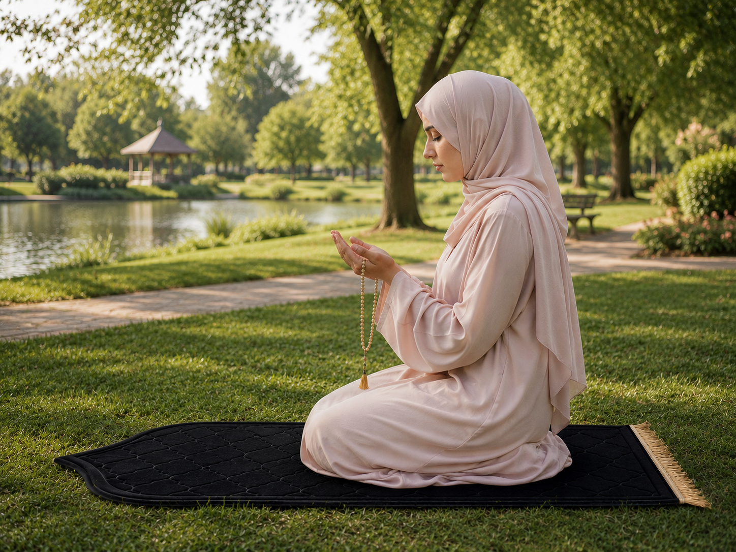 Elxara Premium Muslim Prayer Rug – Foldable Travel Set with Tasbih & Carry Pouch