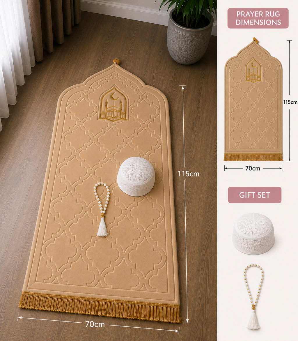 Elxara Premium Muslim Prayer Rug – Foldable Travel Set with Tasbih & Carry Pouch